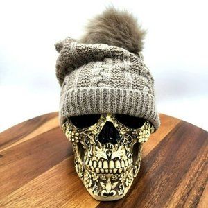 NY&CO Beanie Hat Taupe Brown Cable Knit Faux Fur PomPom Fold Over Thin Slouchie